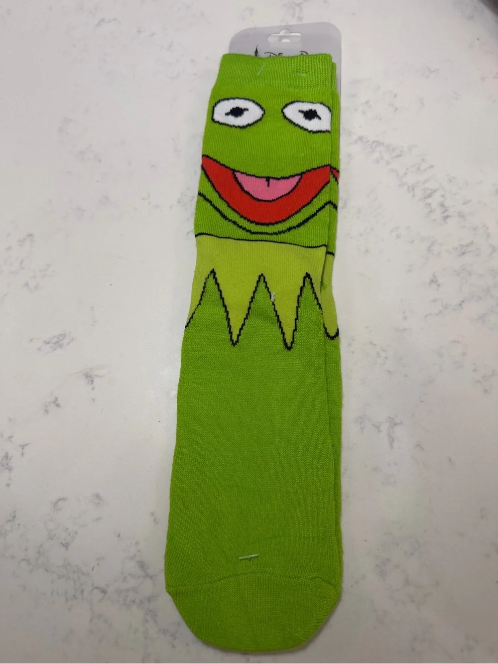 Disney Bright Green Kermit Face Kids Crew Socks with Red & Pink Mouth